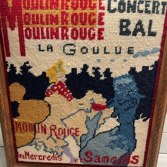 Vintage Framed Crewelwork Bridge Moulin Rouge La Goulue Original Needlepoint - Picture 6 of 8